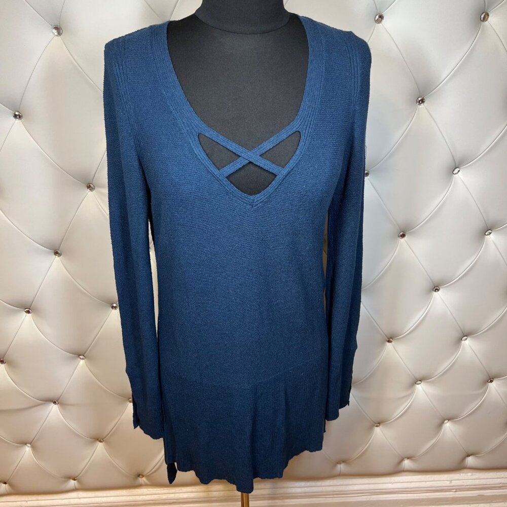Made In Turkey Blue V-Neck Sweater With Crisscross Detail Size S/P